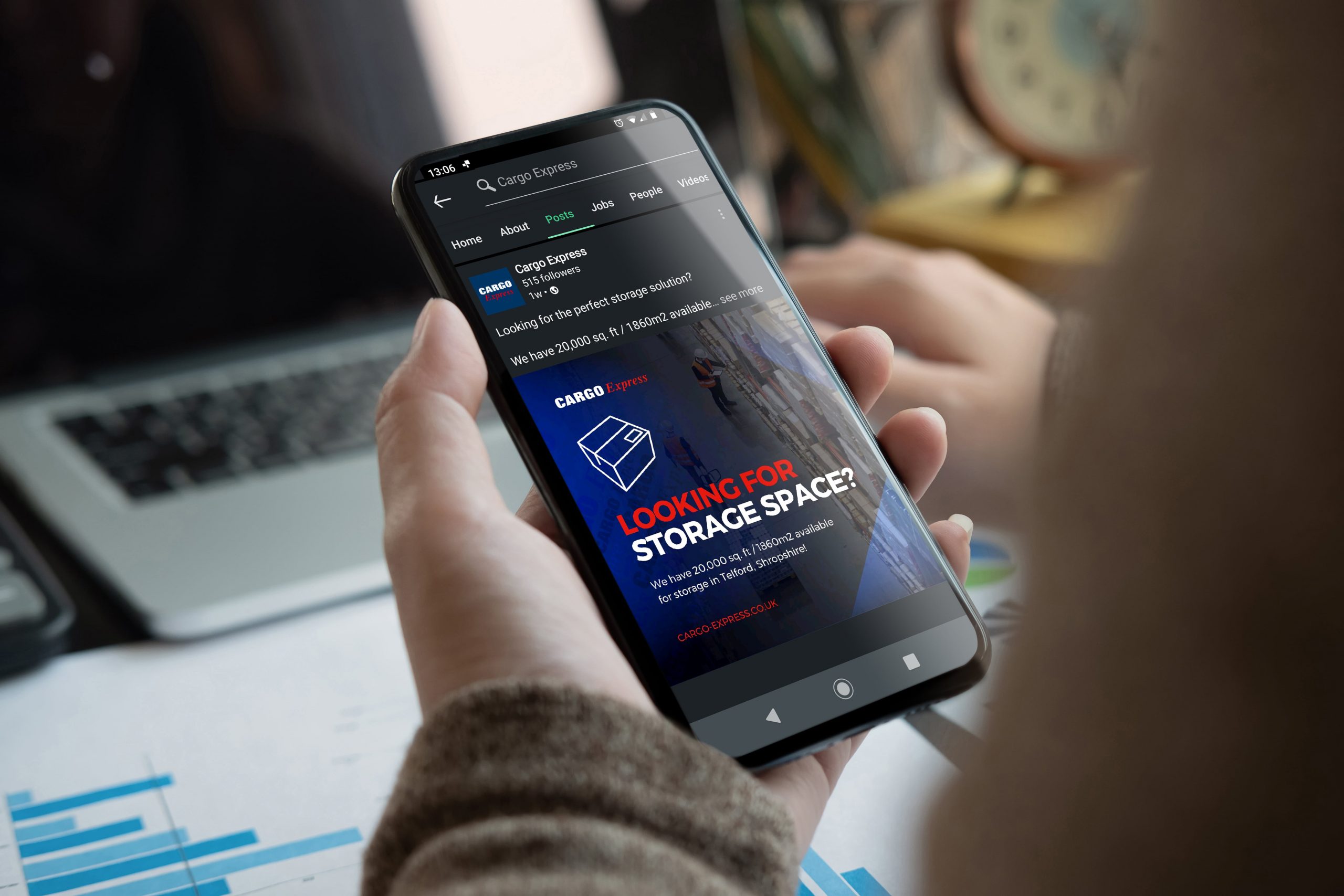 Cargo Express' social media platforms shown on a users phone