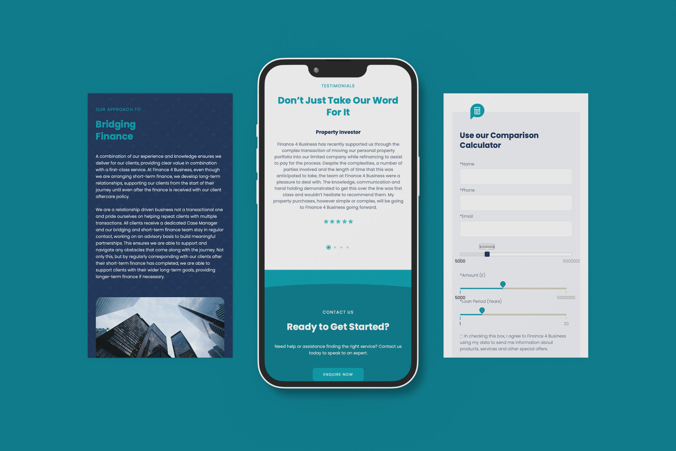 Finance For Business web design on mobile including landing pages and branded online forms
