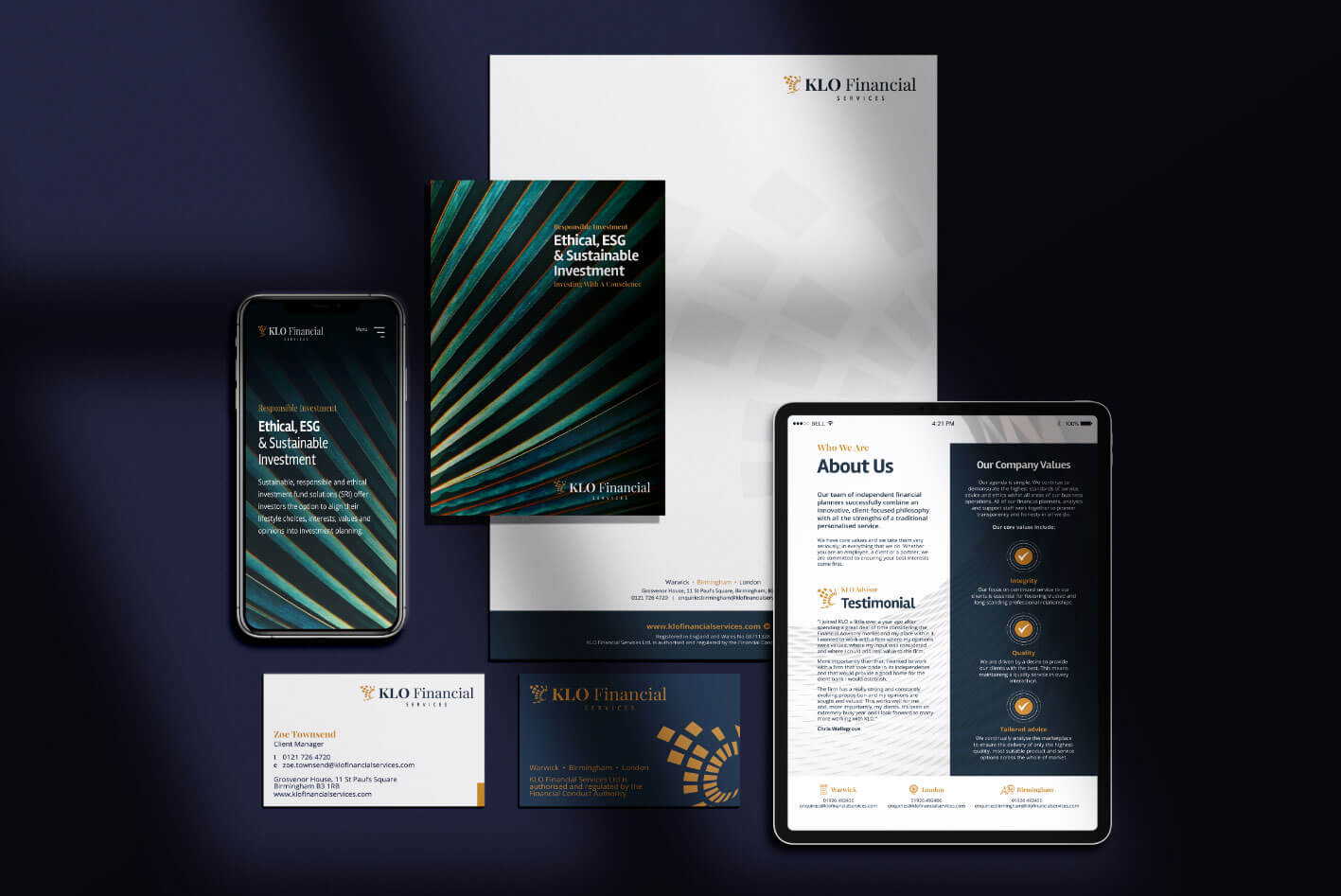 A variety of KLO products, from website redesign, mobile web design, business card design and branded products