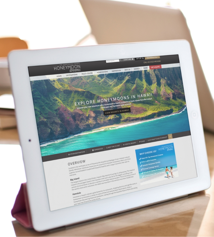 Honeymoon Dreams website design for tablet