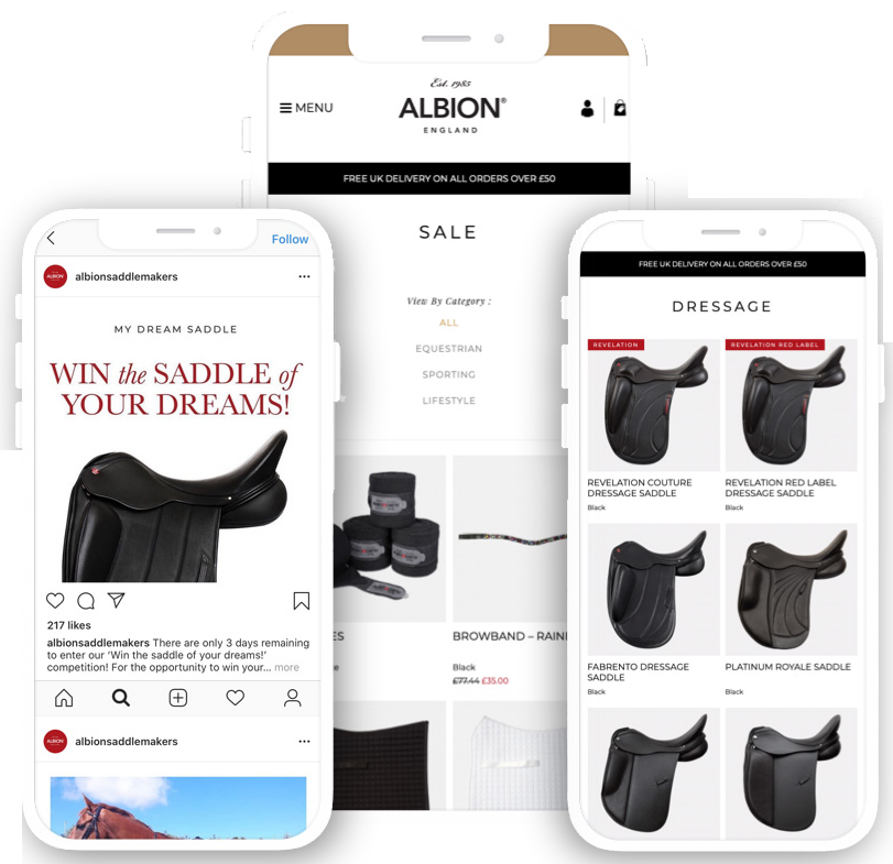 Albion England's online website across a range of phone screens showcasing their saddle store pages