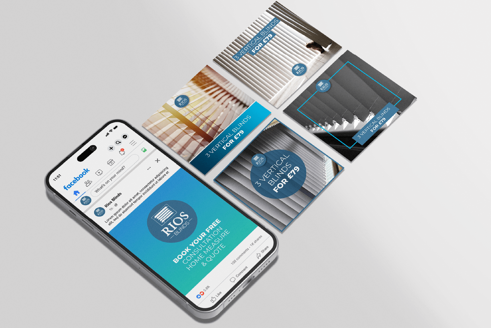 Rios Blinds social media design work showcased on mobile devices